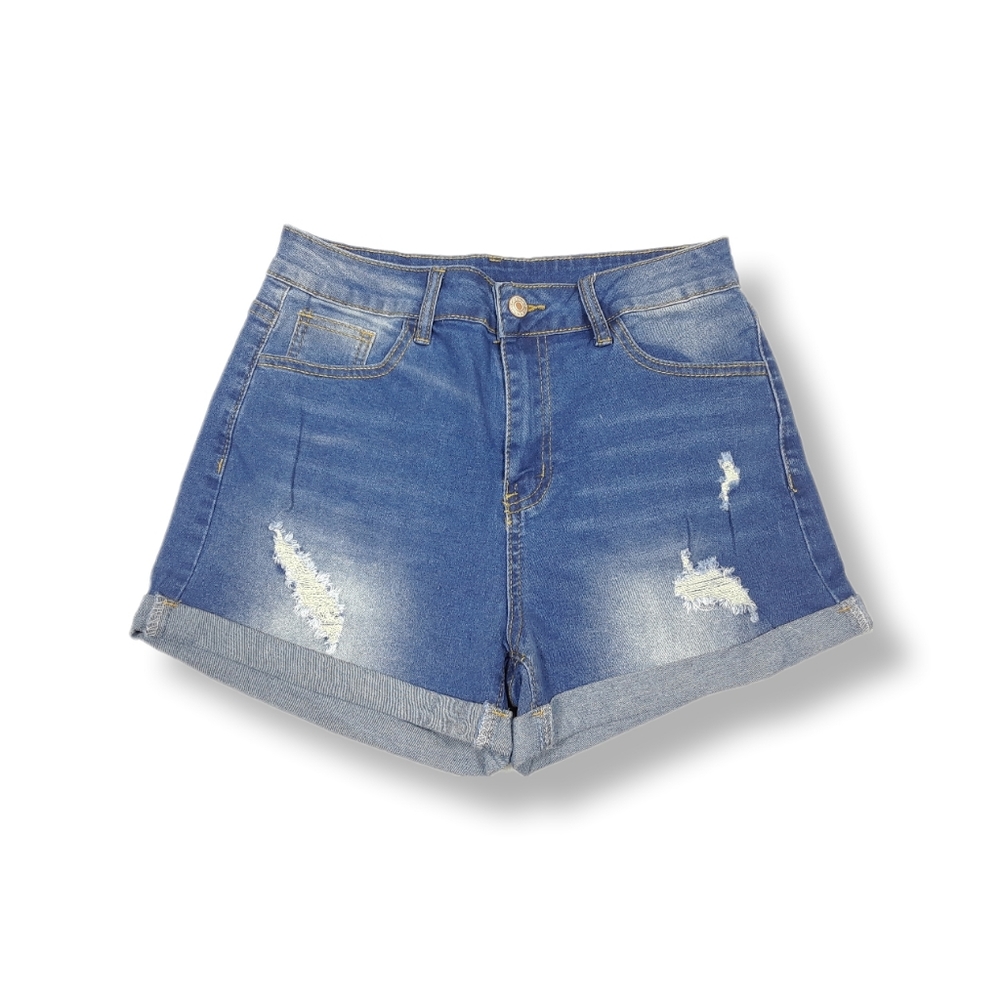 Jean Shorts Women Stretchy Pockets Cuffed Distressed Frayed Comfy Blue Medium
